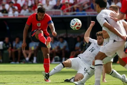 Jude Bellingham unleashes a shot during England’s win over New Zealand. Jude Bellingham unleashes a shot during England’s win over New Zealand.