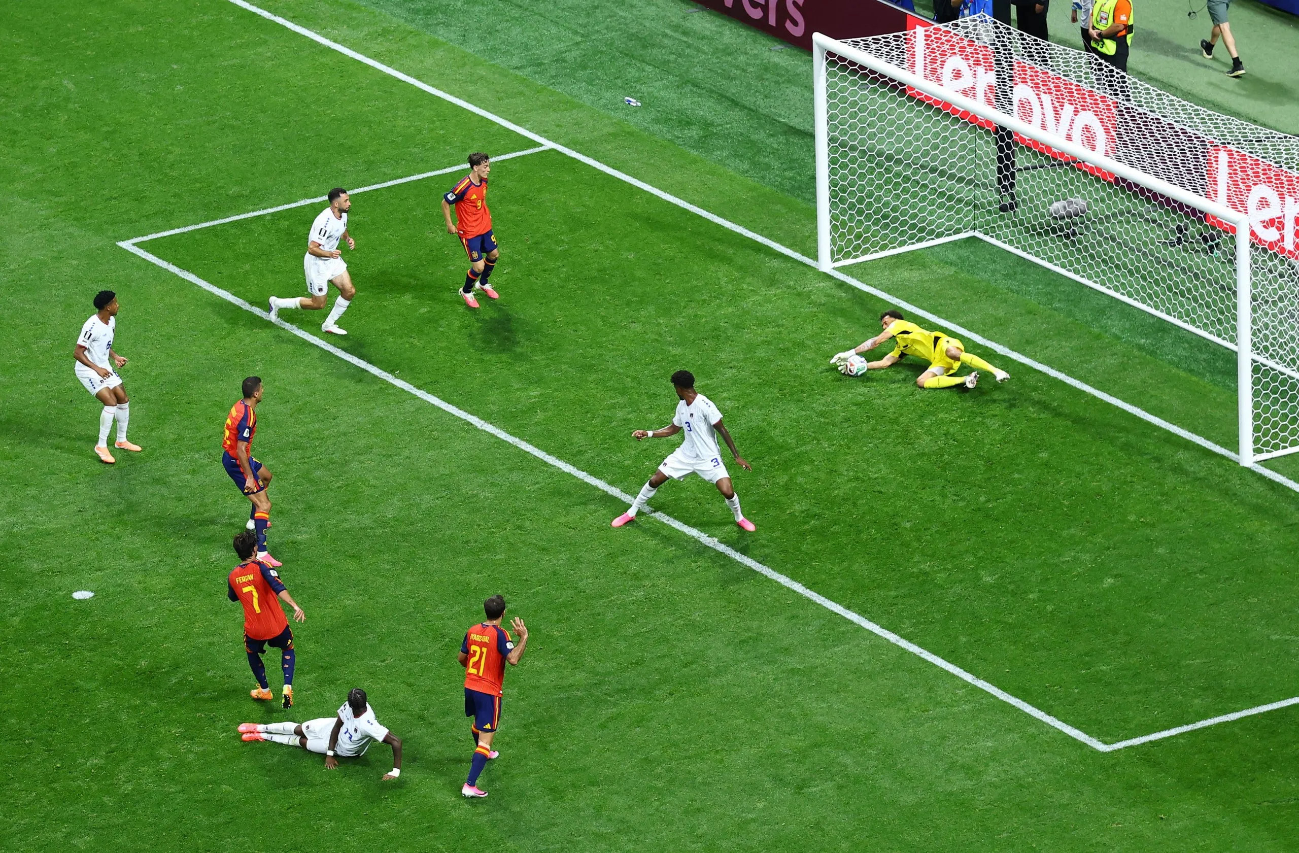 Cape Verde's Vozinha makes a save from Spain's Ferran Torres.