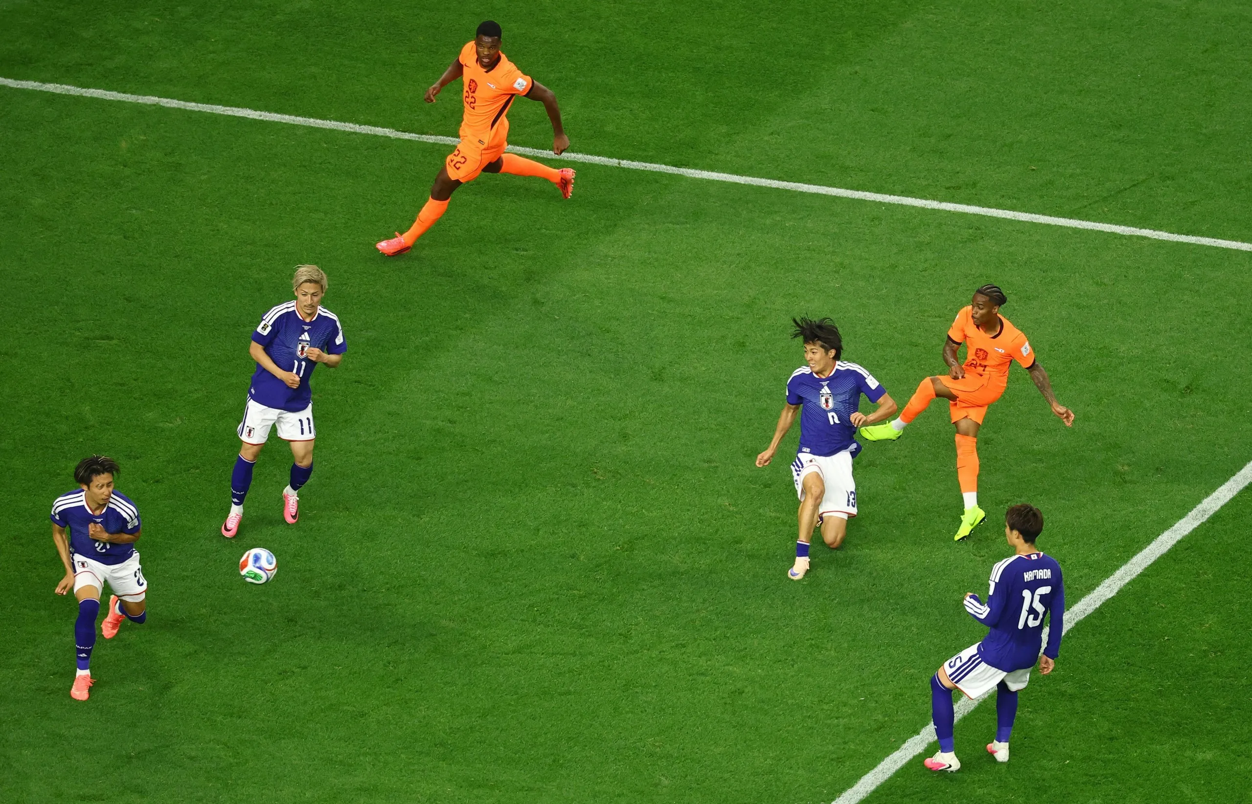 Netherlands' Crysencio Summerville scores their second goal.
